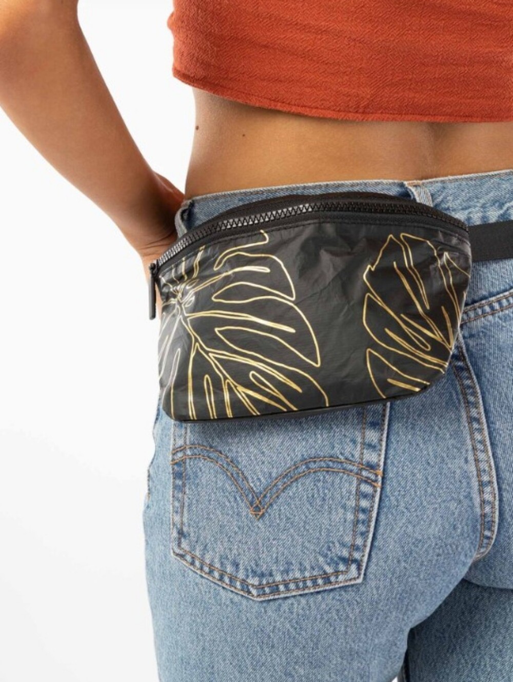 ALOHA Collection Lanai Mini Hip Pack Black Crossbody Bag w/ Gold Leaf Print NWT